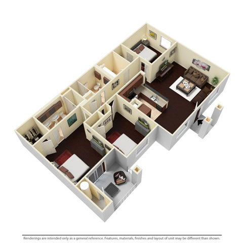 Floor plan for 3 beds, 2 baths, 1390 sqft