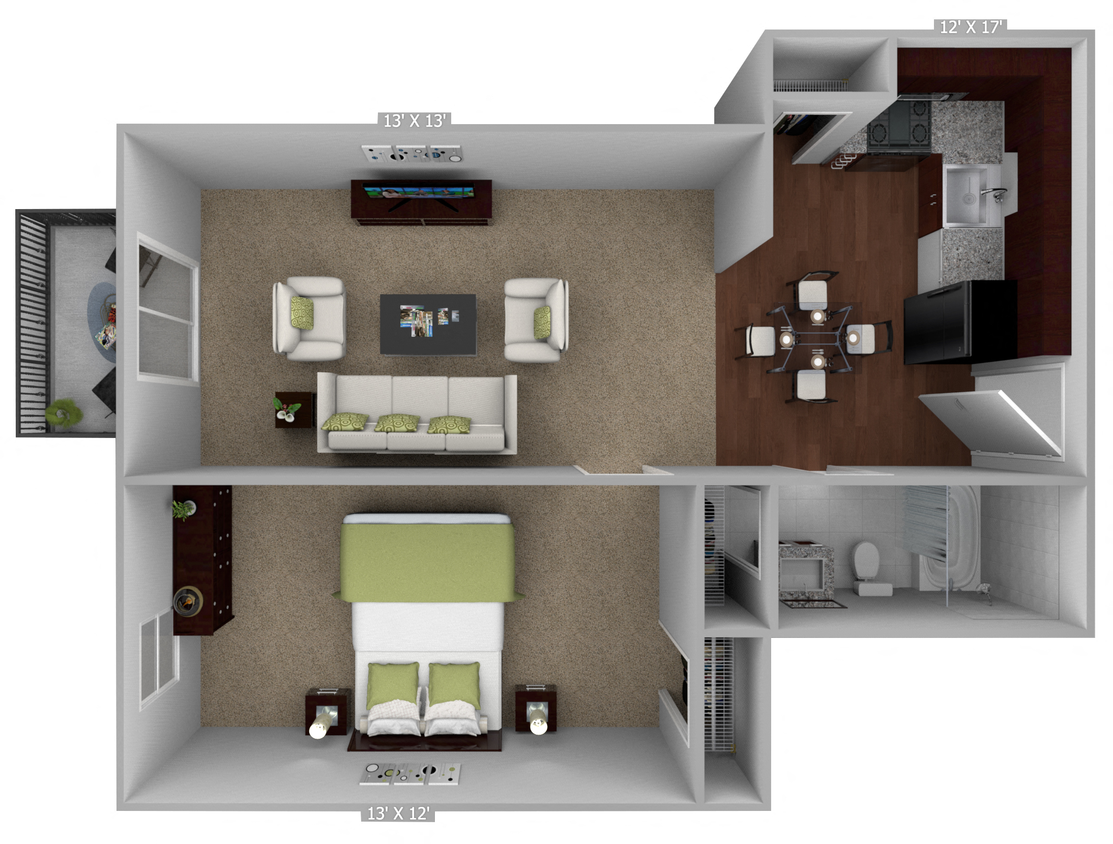 Floor plan for 1 bed, 1 bath, 600 sqft