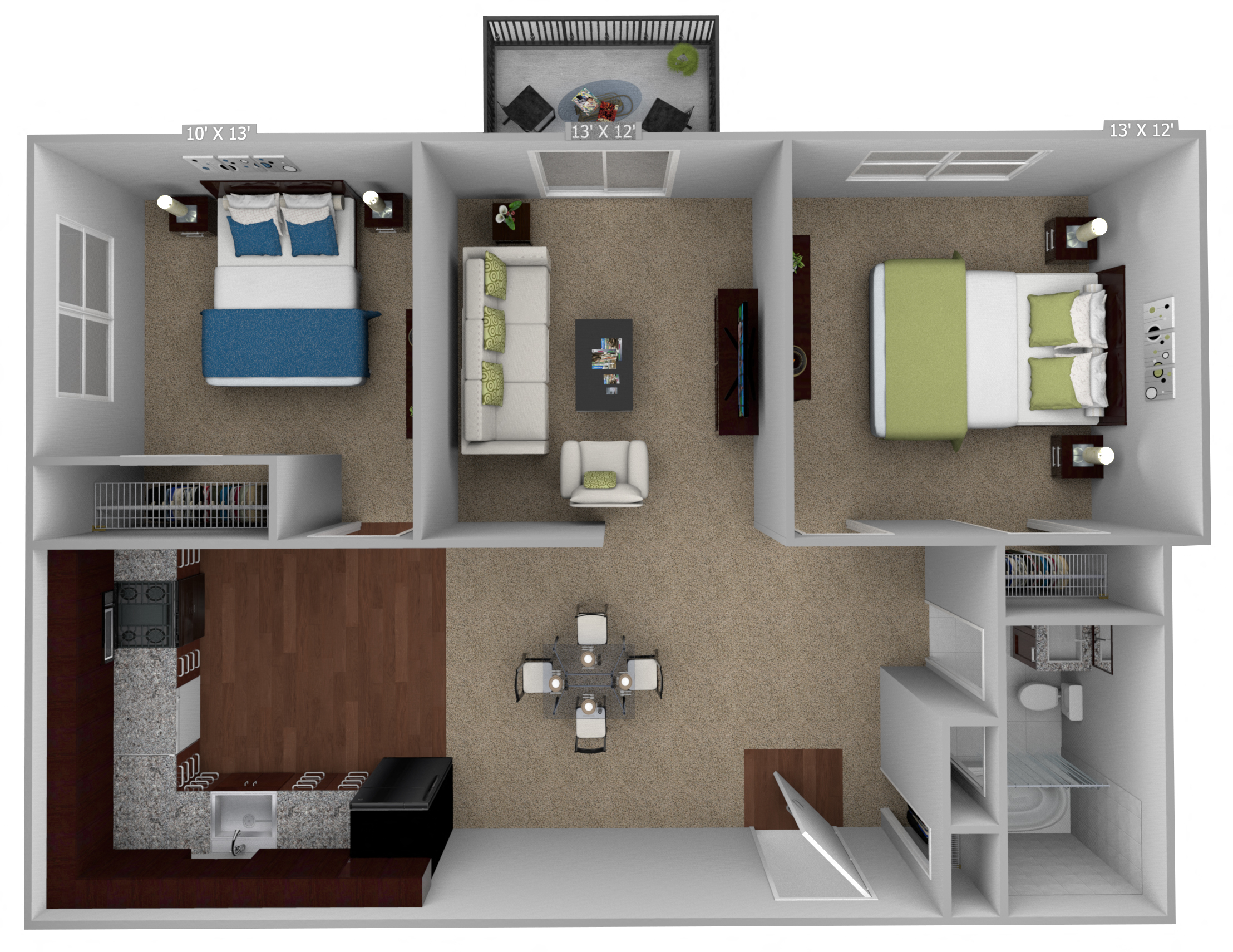 Floor plan for 2 beds, 1 bath, 800 sqft