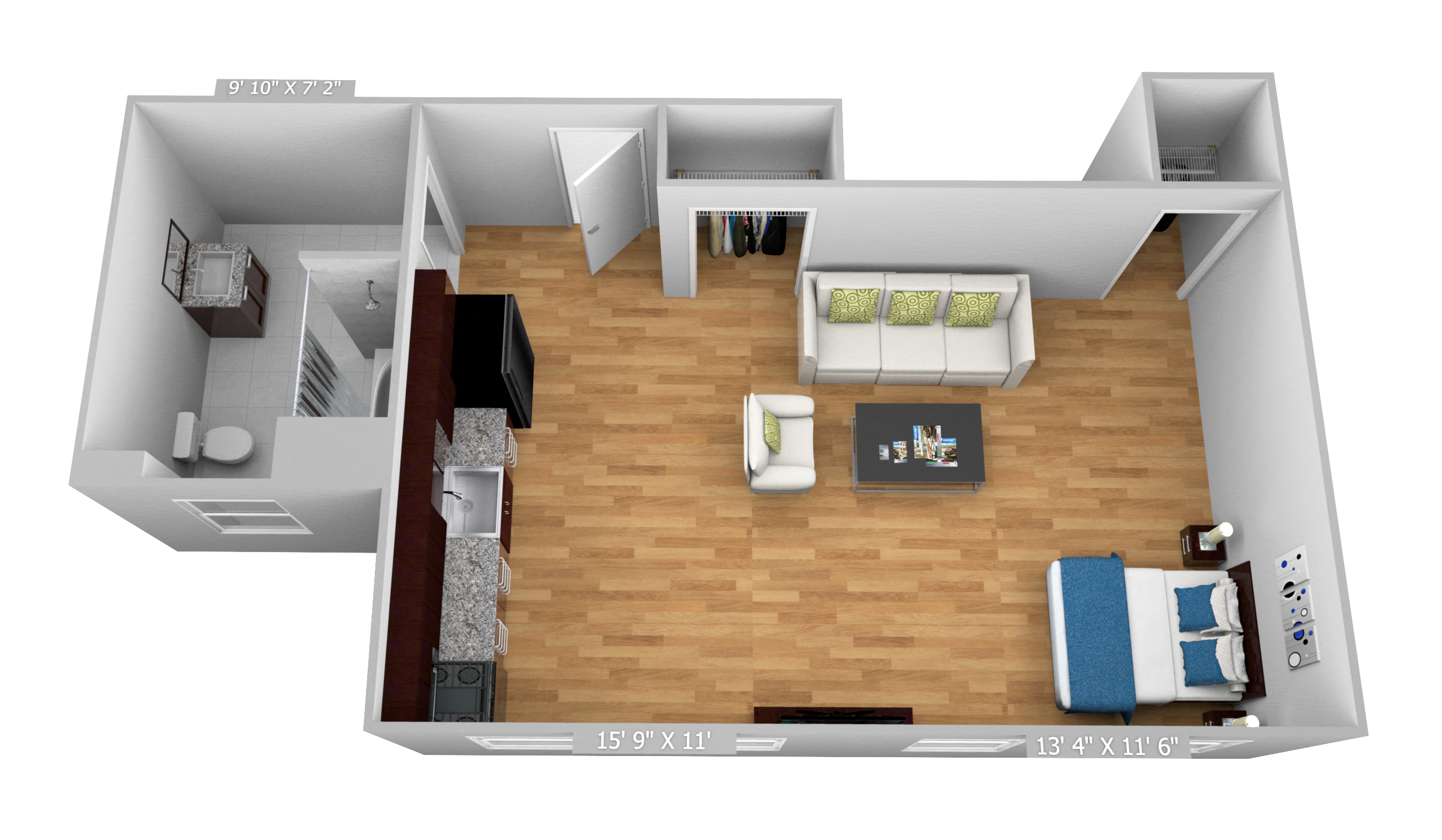 Floor plan for studio, 1 bath, 400 sqft