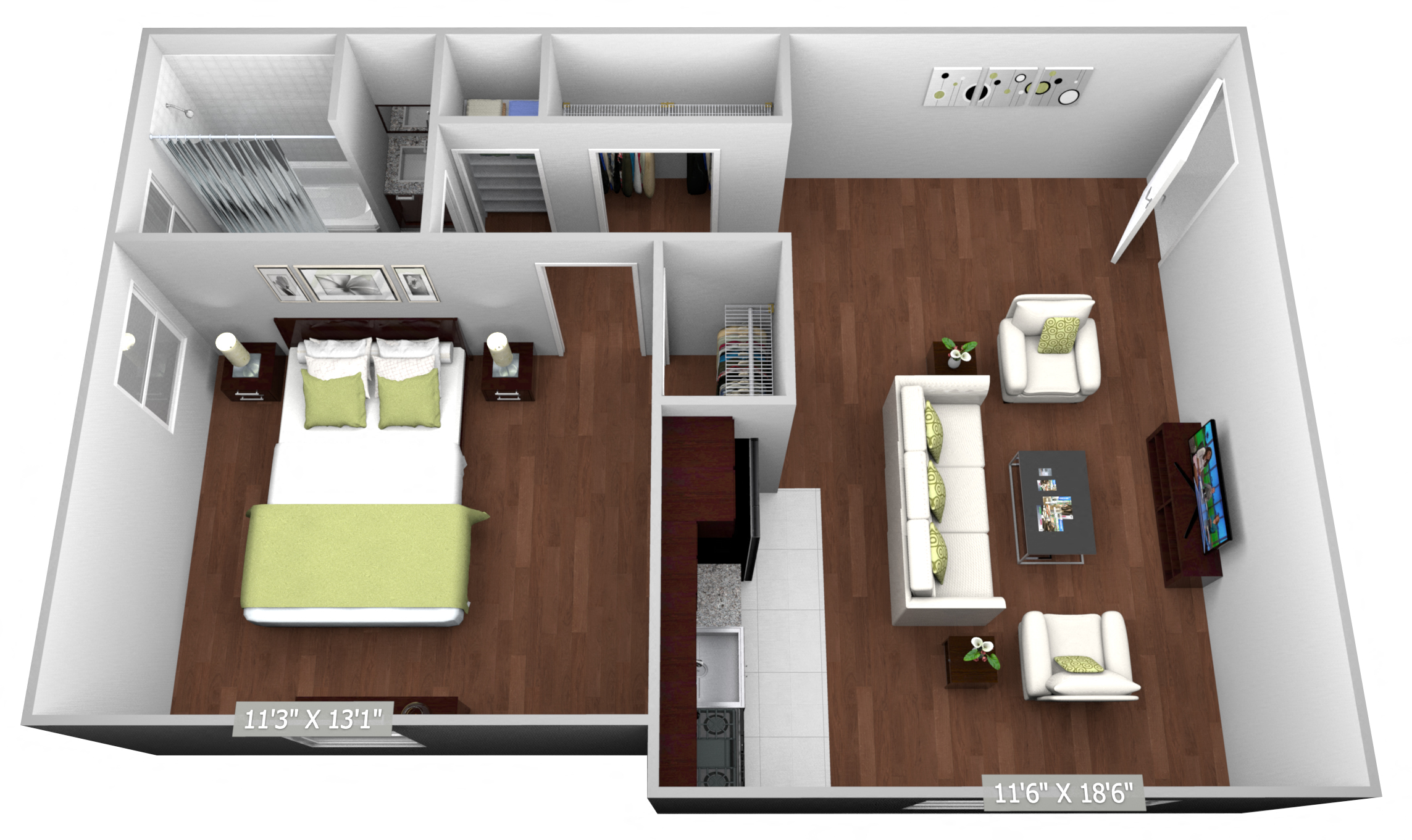 Floor plan for 1 bed, 1 bath, 500 sqft