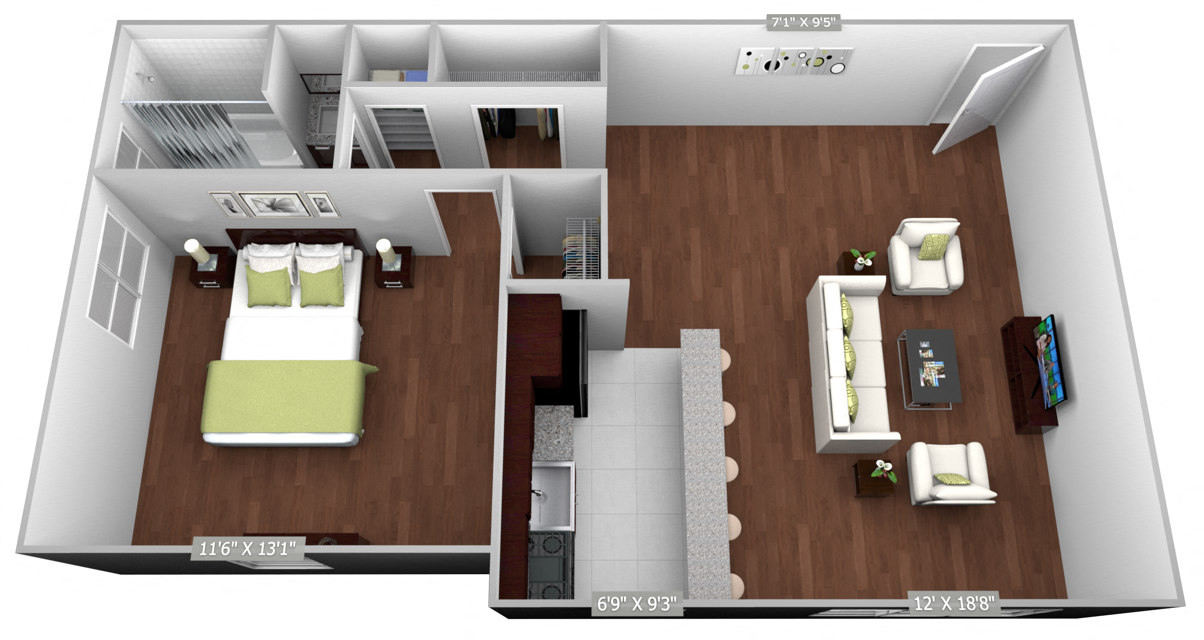 Floor plan for 1 bed, 1 bath, 585 sqft
