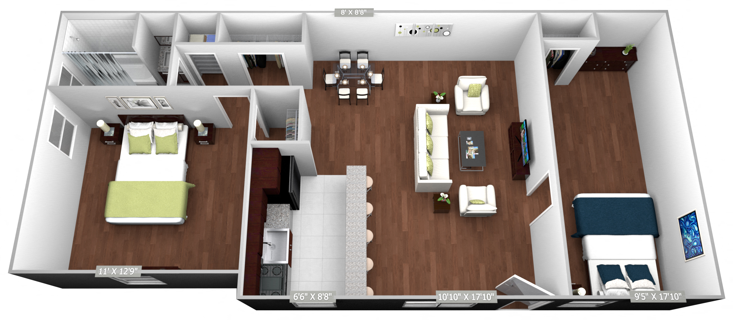 Floor plan for 2 beds, 1 bath, 715 sqft
