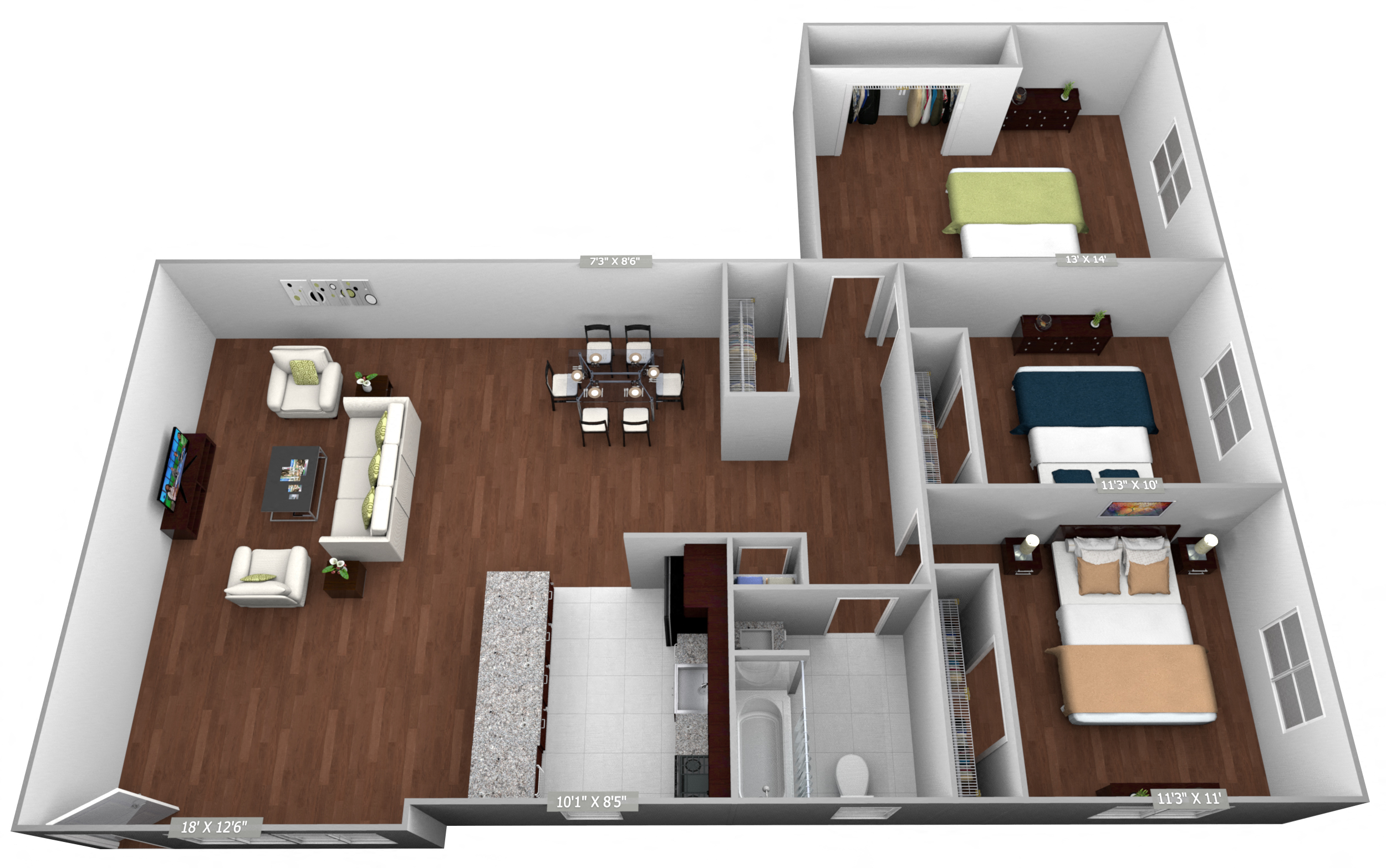Floor plan for 3 beds, 1 bath, 860 sqft
