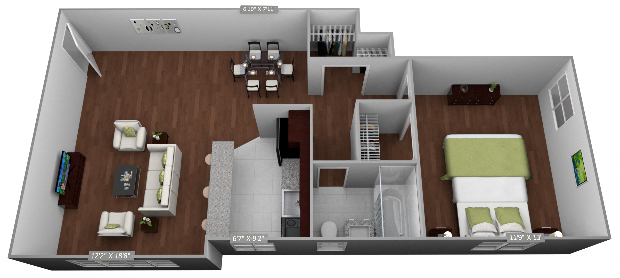 Floor plan for 1 bed, 1 bath, 625 sqft