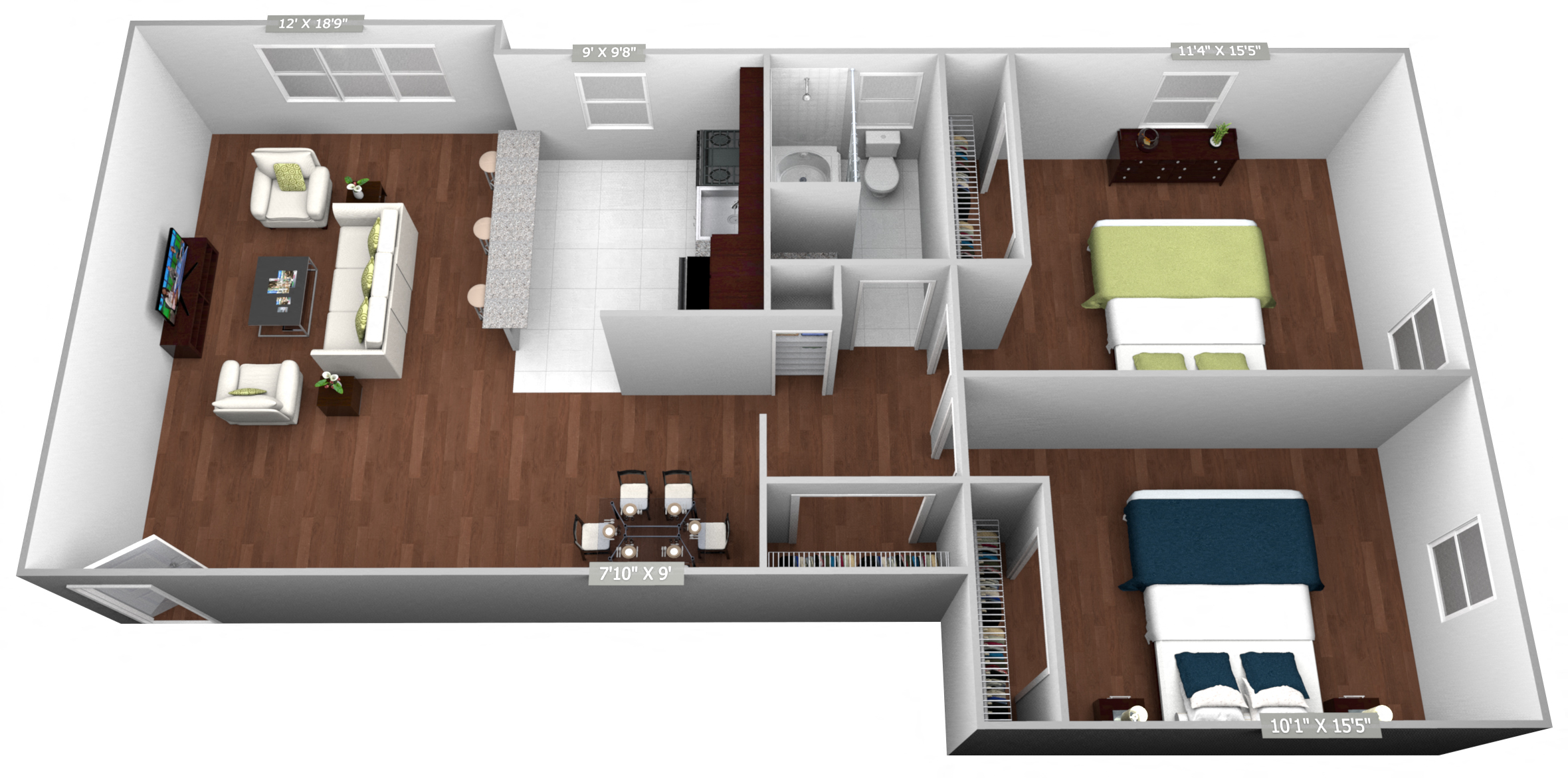 Floor plan for 2 beds, 1 bath, 835 sqft