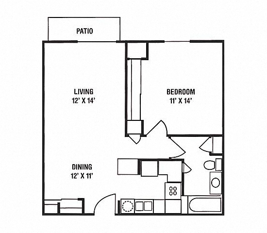 Floor plan for 1 bed, 1 bath, 689 sqft