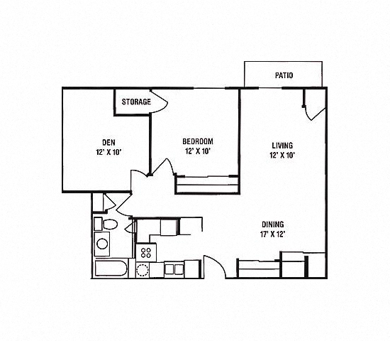 Floor plan for 1 bed, 1 bath, 874 sqft