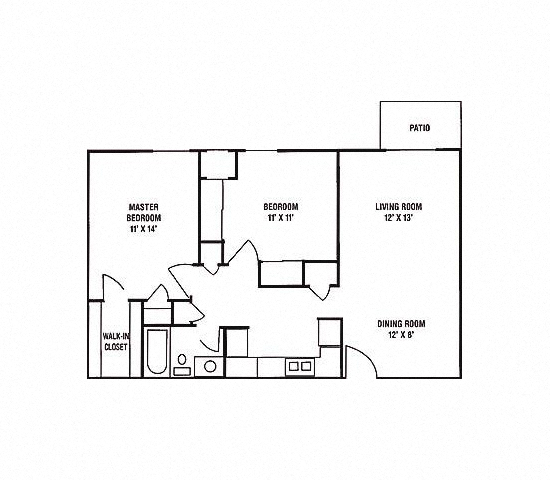 Floor plan for 2 beds, 1 bath, 796 sqft