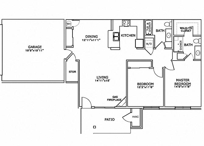 Floor plan for 2 beds, 2 baths, 1170 sqft