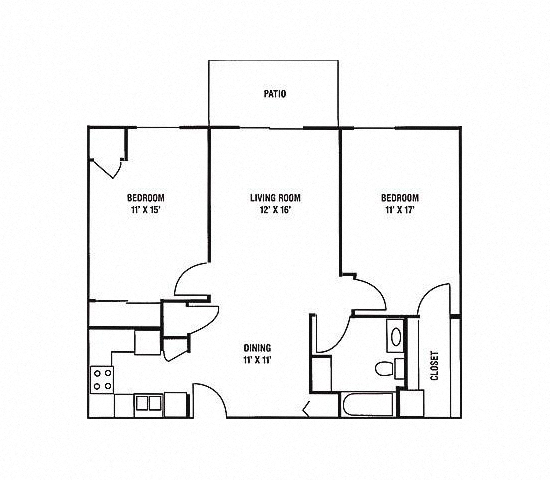 Floor plan for 2 beds, 1 bath, 935 sqft