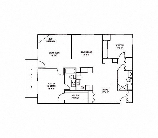 Floor plan for 2 beds, 2 baths, 1406 sqft