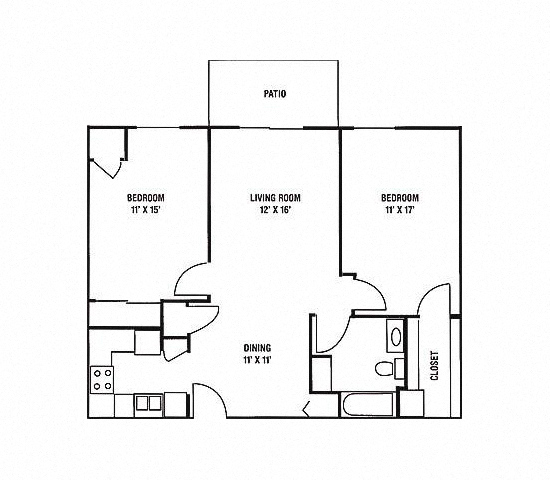 Floor plan for 2 beds, 1 bath, 833 sqft