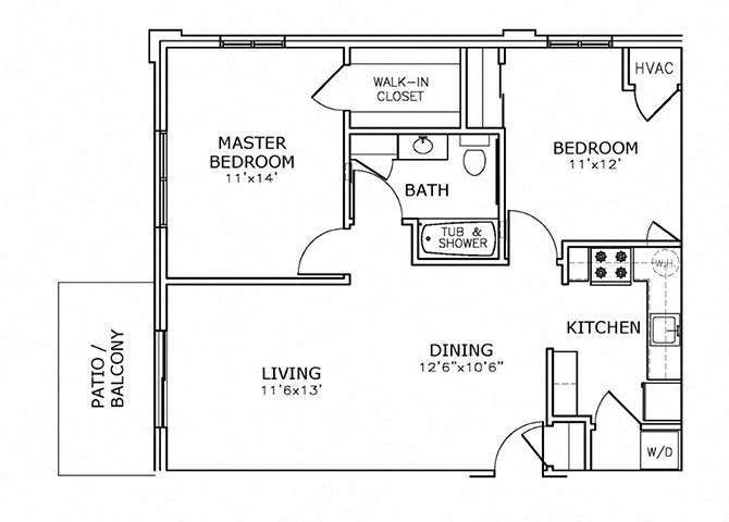 Floor plan for 2 beds, 1 bath, 872 sqft