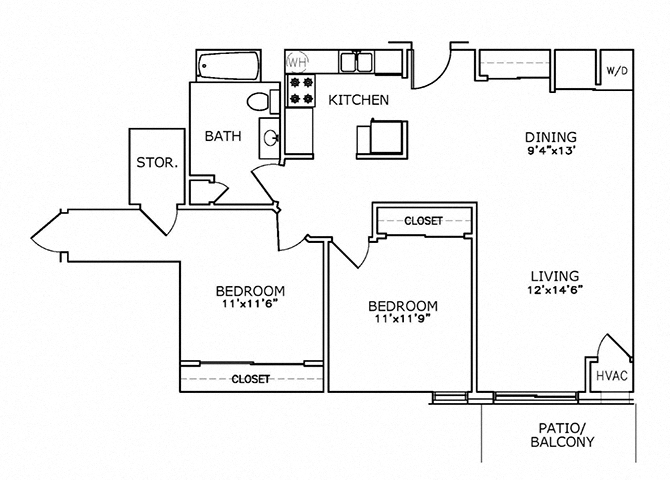 Floor plan for 2 beds, 1 bath, 912 sqft