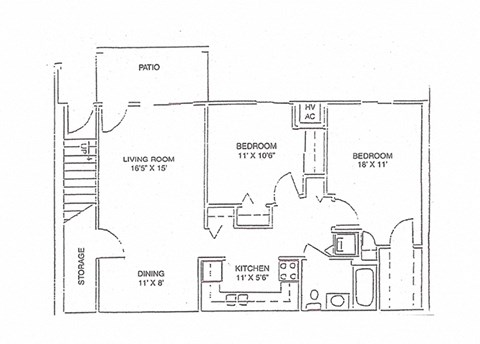 Floor plan for 2 beds, 1 bath, 886 sqft
