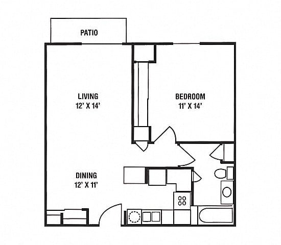 Floor plan for 1 bed, 1 bath, 689 sqft