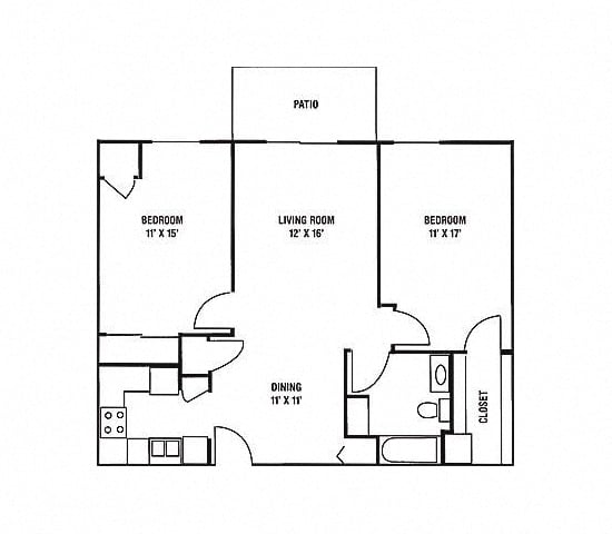 Floor plan for 2 beds, 1 bath, 970 sqft