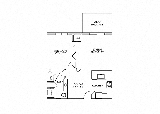 Floor plan for 1 bed, 1 bath, 700 sqft