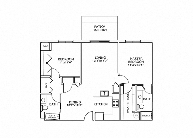 Floor plan for 2 beds, 2 baths, 991 sqft