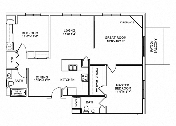 Floor plan for 2 beds, 2 baths, 1292 sqft
