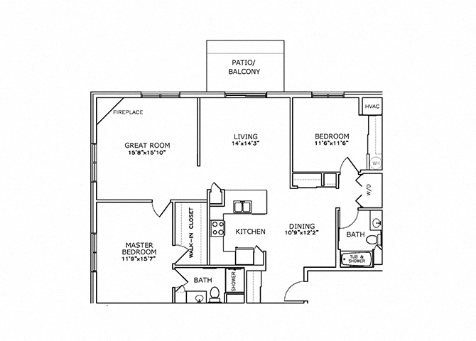 Floor plan for 2 beds, 2 baths, 1343 sqft