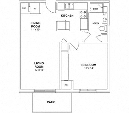 Floor plan for 1 bed, 1 bath, 693 sqft