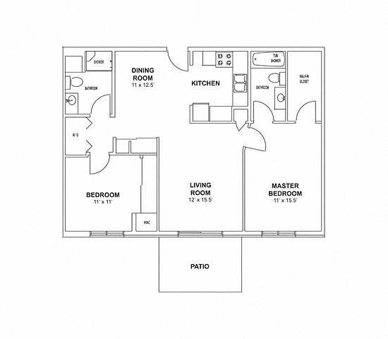 Floor plan for 2 beds, 2 baths, 985 sqft