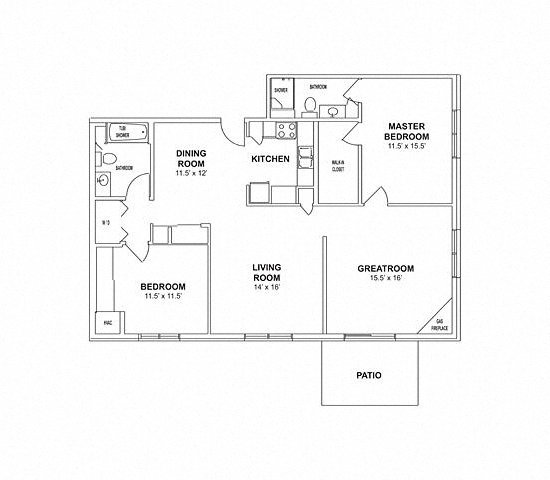 Floor plan for 2 beds, 2 baths, 1282 sqft