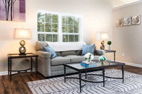 Lake Wylie apartment for rent - A living room with a grey couch, a black coffee table, and two lamps.