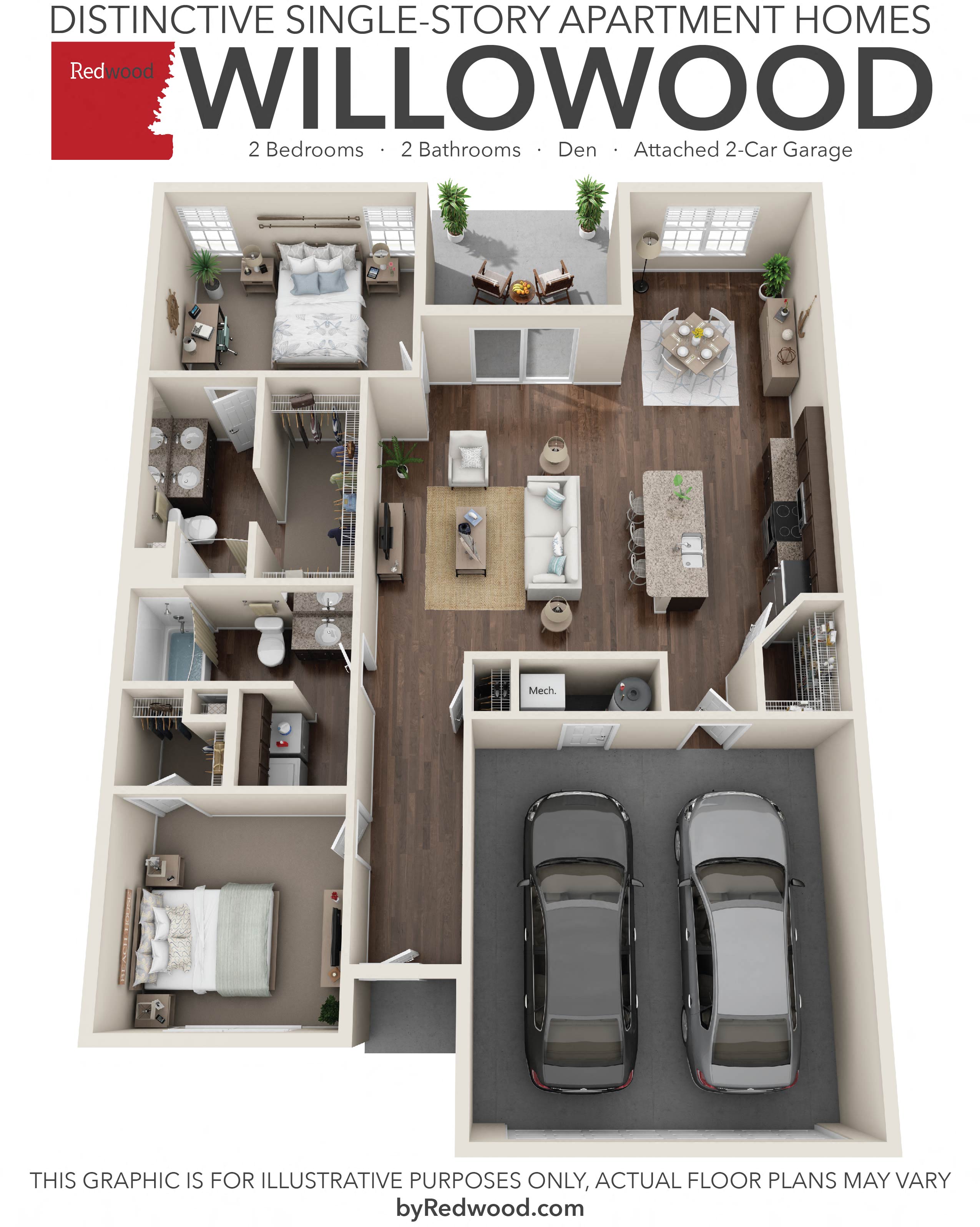 Floor plan for 2 beds, 2 baths, 1381 sqft
