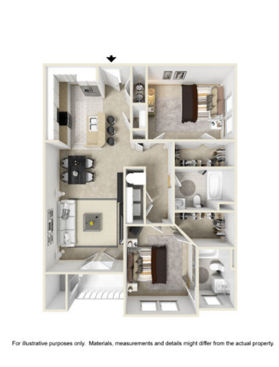 Floor plan for 2 beds, 2 baths, 1152 sqft