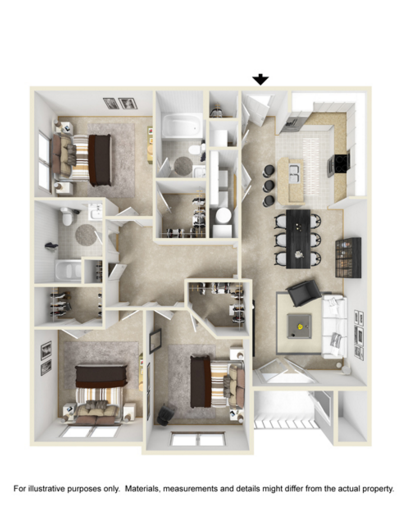 Floor plan for 3 beds, 2 baths, 1390 sqft