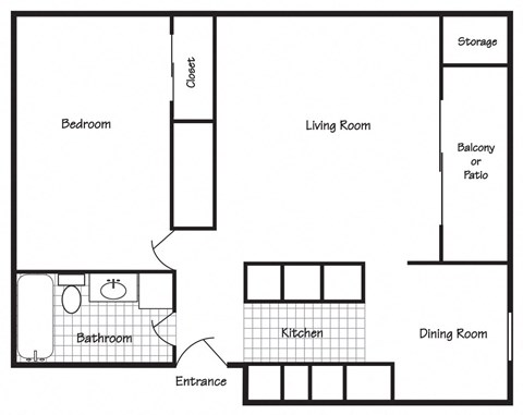 Floor plan for 1 bed, 1 bath, 633 sqft