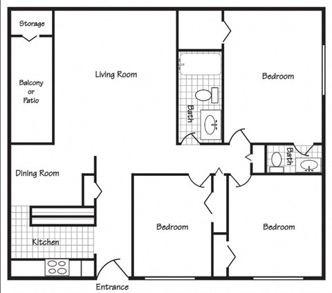 Floor plan for 3 beds, 1.5 baths, 1175 sqft