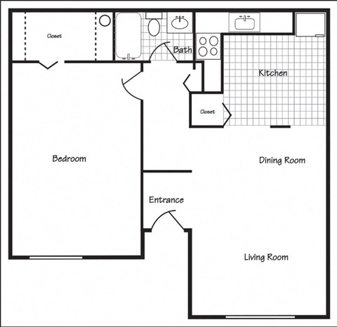 Floor plan for 1 bed, 1 bath, 631 sqft