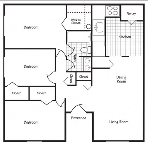 Floor plan for 3 beds, 1 bath, 1080 sqft