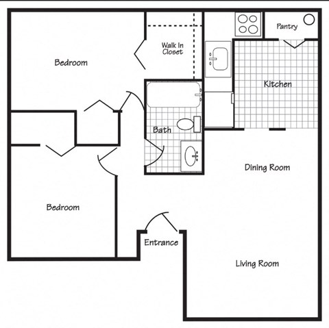 Floor plan for 2 beds, 1 bath, 788 sqft