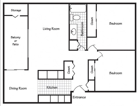 Floor plan for 2 beds, 1 bath, 860 sqft