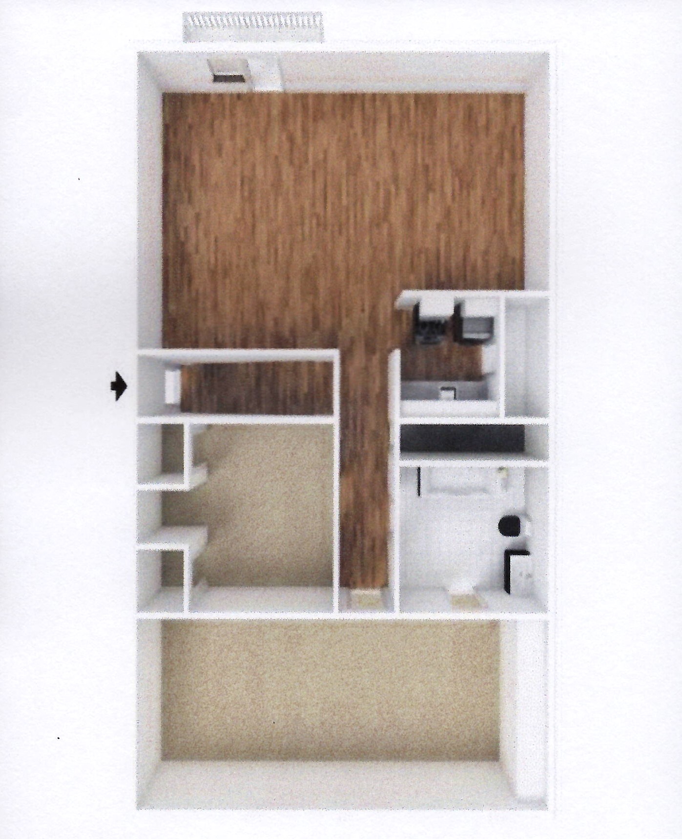 Floor plan for 2 beds, 1 bath, 1077 sqft