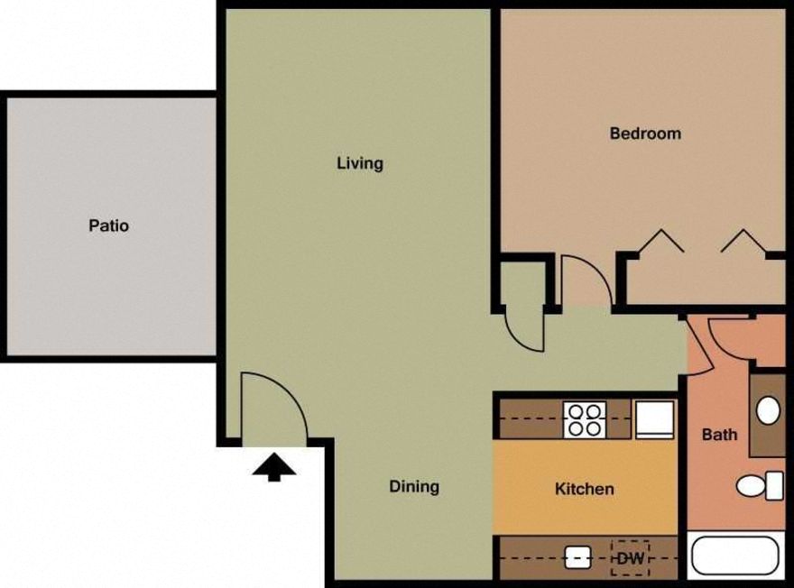 Floor plan for 1 bed, 1 bath, 594 sqft