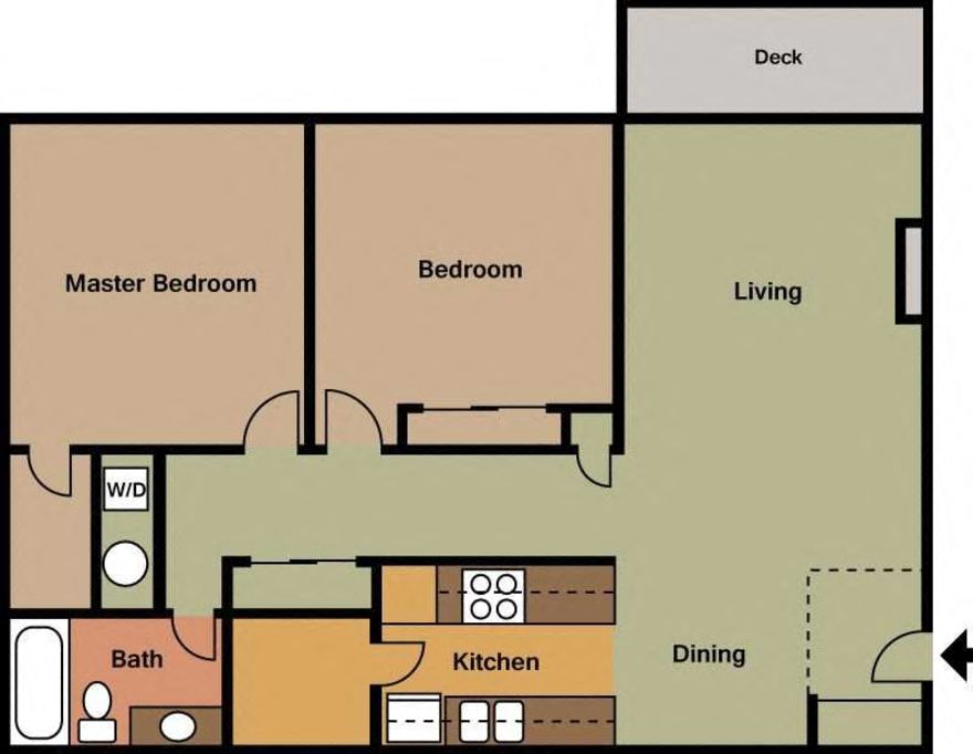 Floor plan for 2 beds, 1 bath, 988 sqft