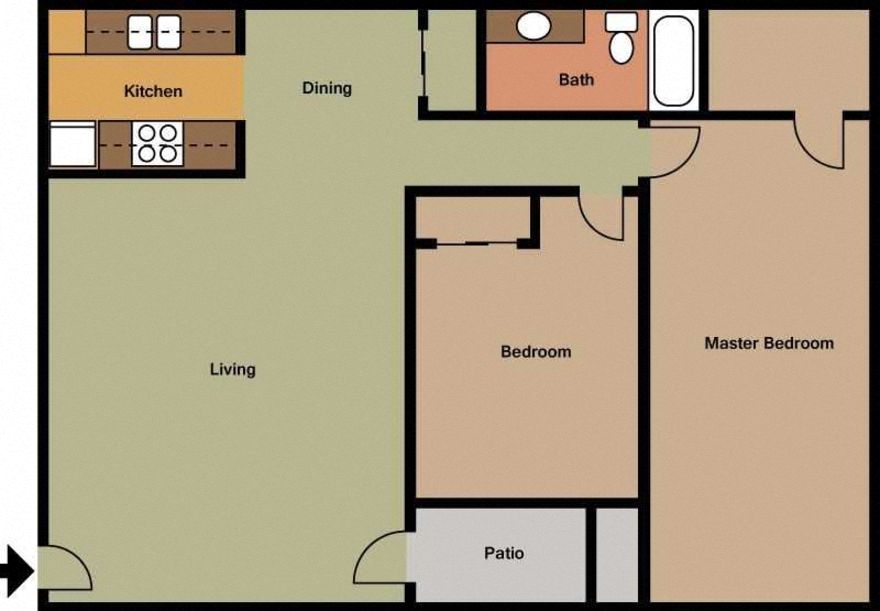 Floor plan for 2 beds, 1 bath, 940 sqft