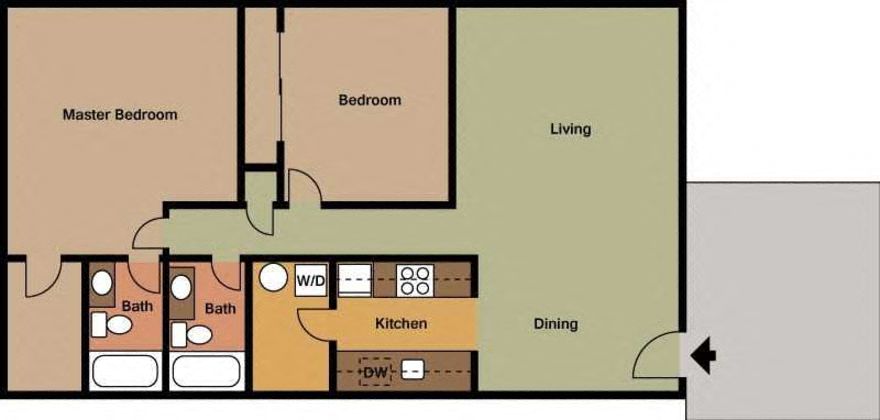 Floor plan for 2 beds, 2 baths, 1000 sqft