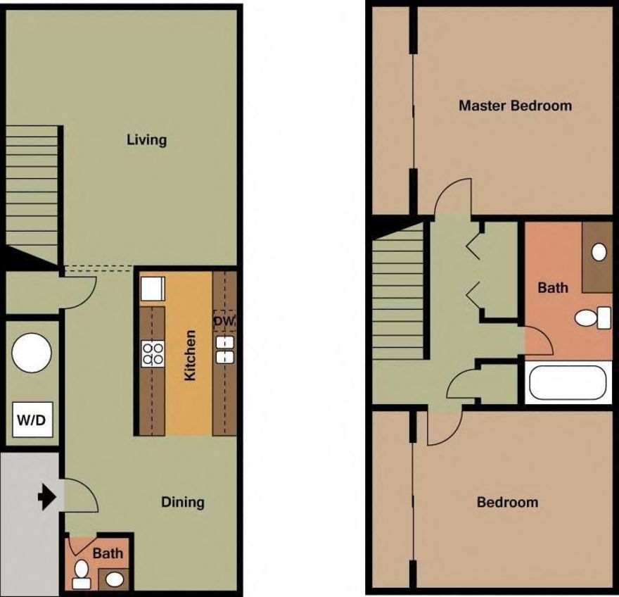 Floor plan for 2 beds, 1.5 baths, 964 sqft
