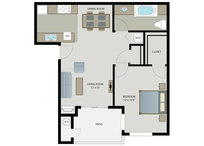 Floor plan for 1 bed, 1 bath, 752 sqft