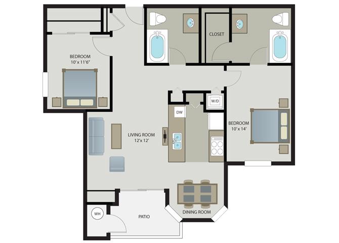Floor plan for 2 beds, 2 baths, 1029 sqft