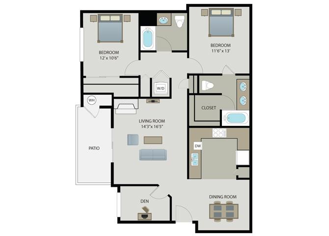 Floor plan for 2 beds, 2 baths, 1226 sqft