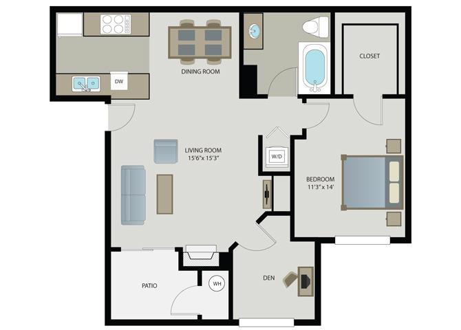 Floor plan for 1 bed, 1 bath, 905 sqft