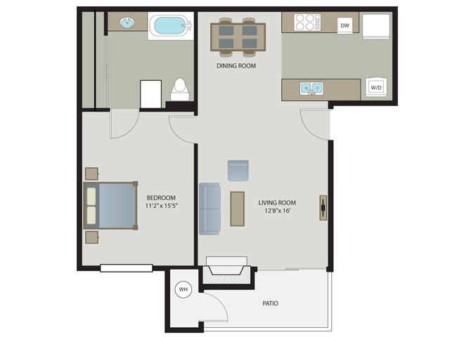 Floor plan for 1 bed, 1 bath, 742 sqft